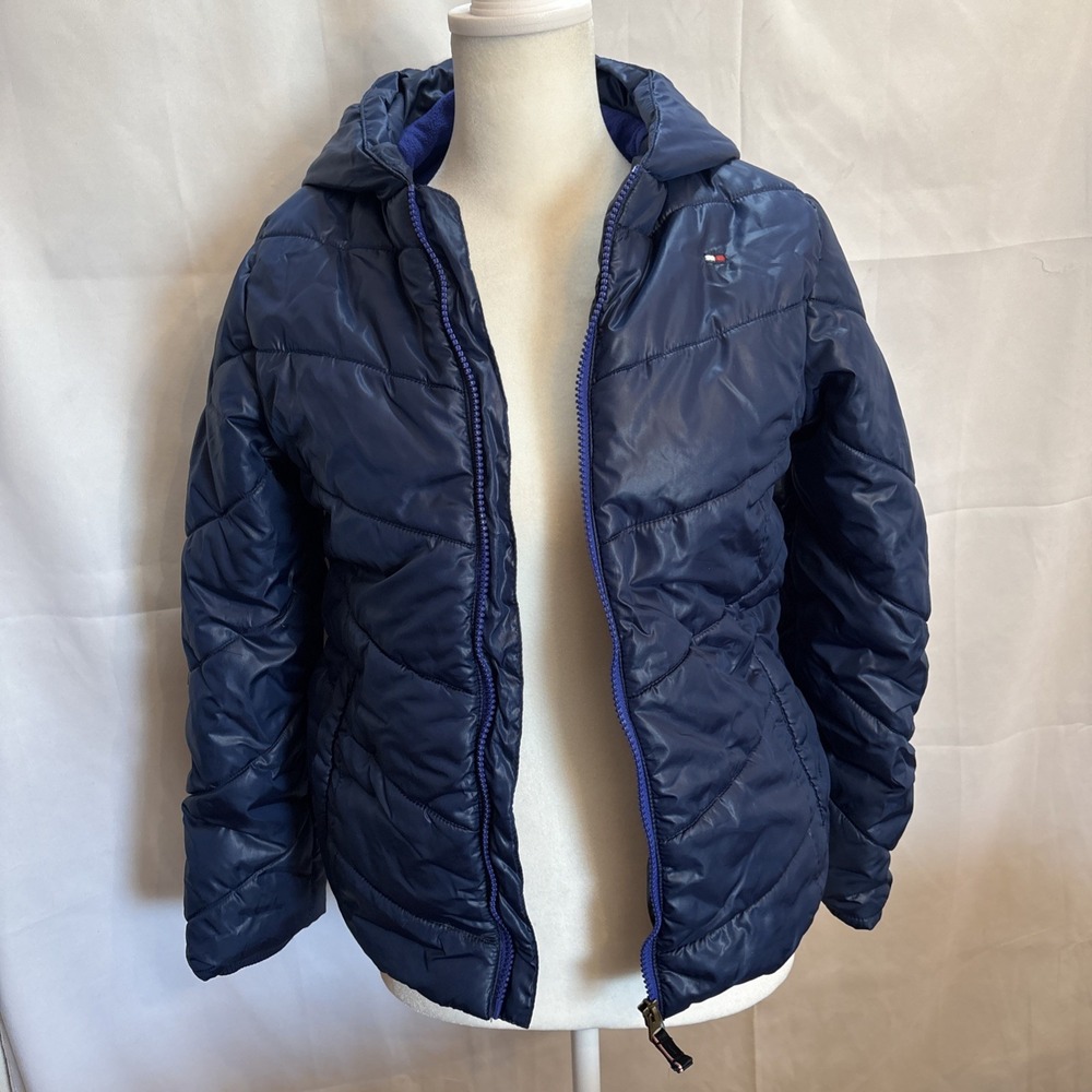Tommy Hilfiger Puff Jacket Sz 12/14 Large Navy W/Hood Small Pocket Inside‎